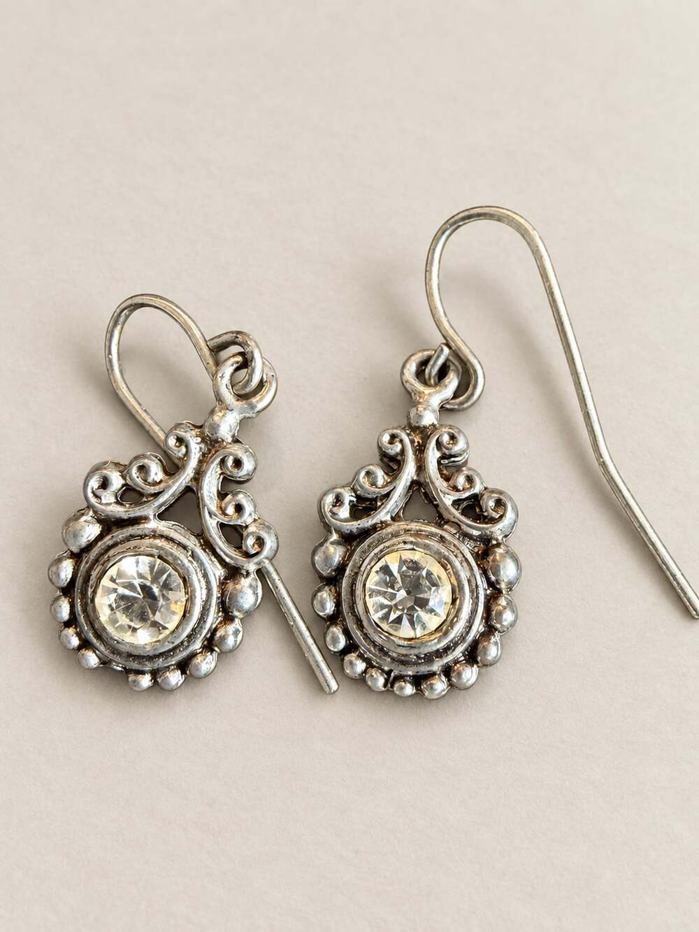 Vintage Silver tone Filigree Dangle Earrings and Necklace Set with Clear Crystal